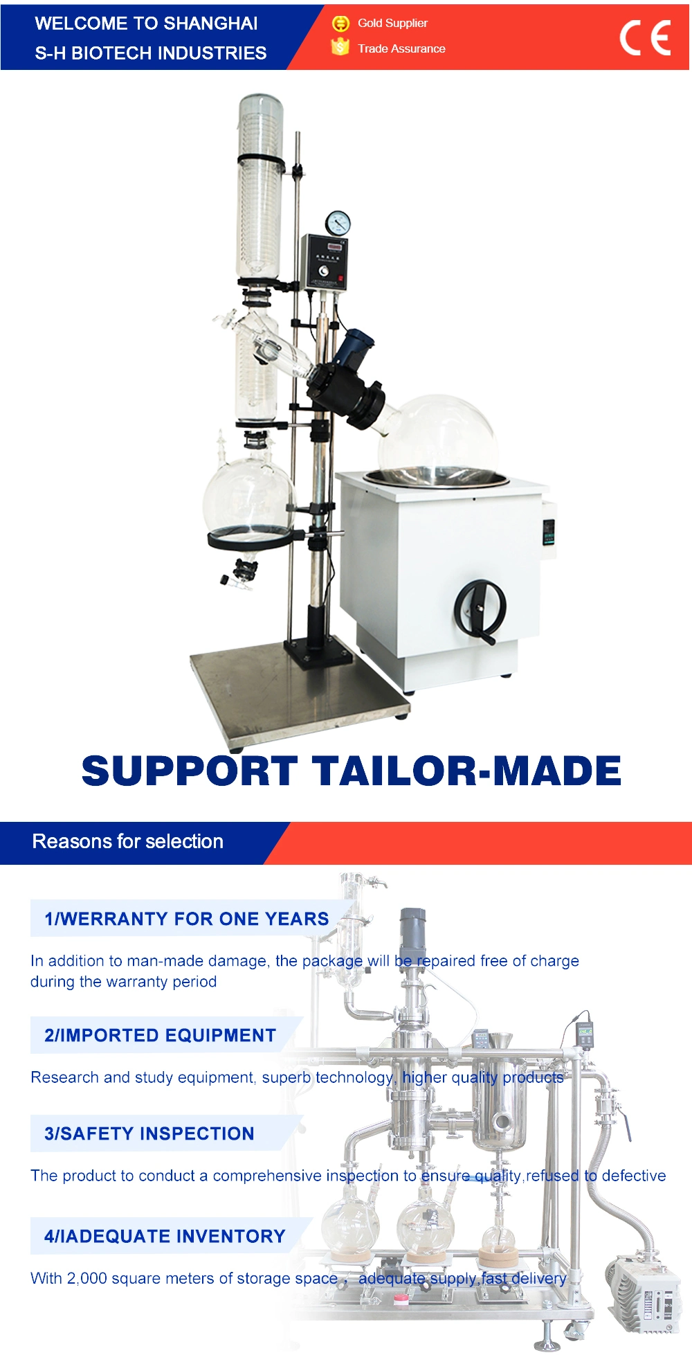 S-H Biotech Certified with ISO, CE High Borosilicate Glass Rotary Evaporator 20L for Pilot Production Scale Use