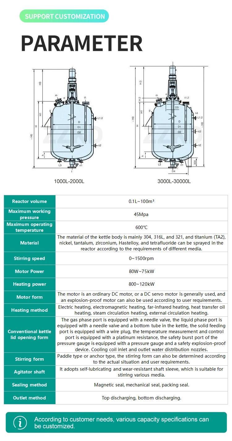 Chemical Pressure Reaction Kettle Price 3000L 5000L 1000L 20000L Stainless Steel Continuous High Pressure Stirred Tank Reactor